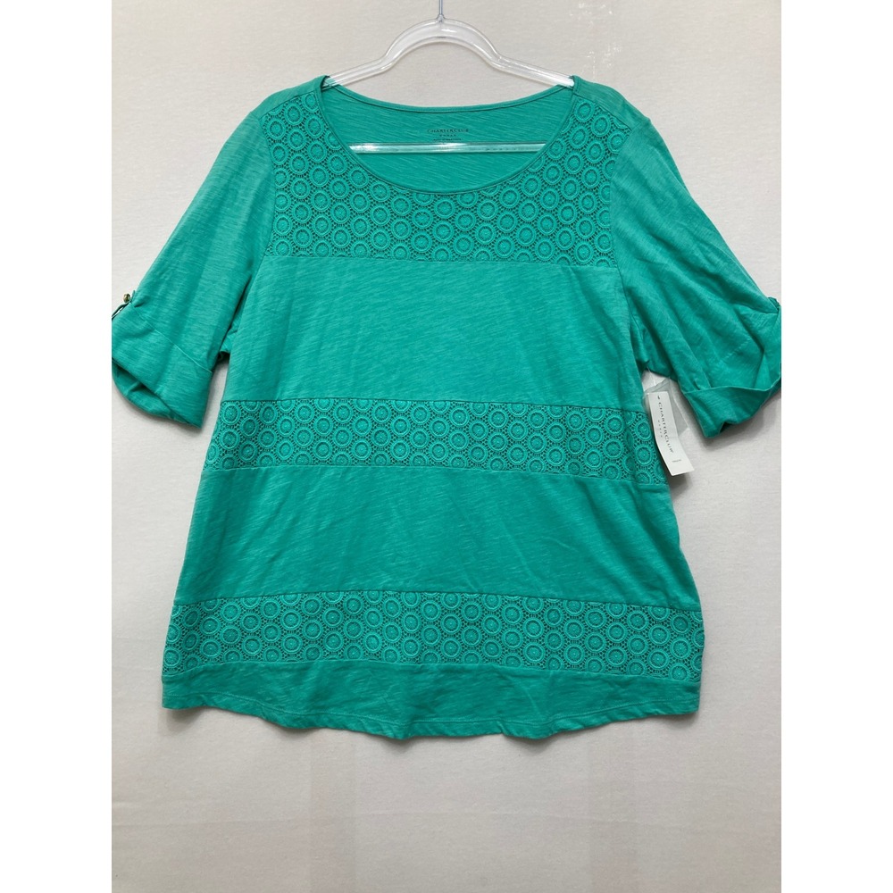 New Charter Club Crochet Top 1X Teal Green Cotton Eyelet Roll Tab Sleeve